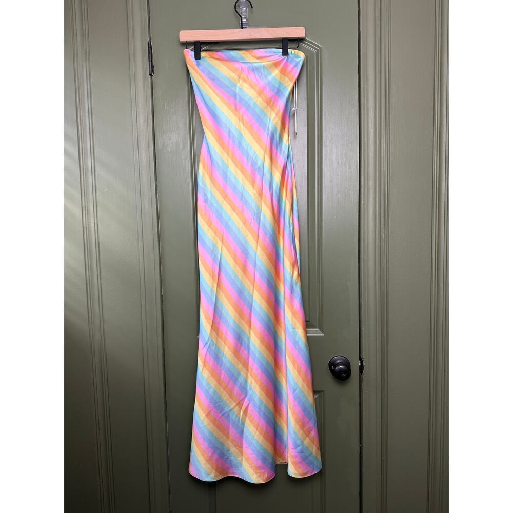 NWT Saylor Anora Rainbow Bias Satin Bow Strapless Stripe Resort Midi Dress Small